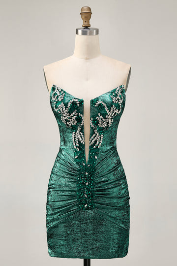 Strapless Green Bodycon Ruched Short Homecoming Dress with Beading